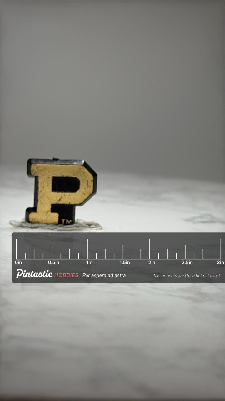 Purdue University Block P Lapel Pin: Gold Tone - College Sports with ruler overlay for size reference