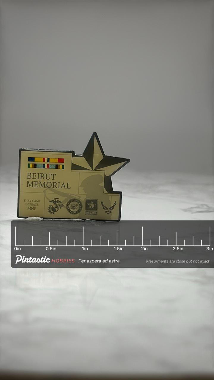 Beirut Memorial Military Pin: Gold Tone Enamel - US Armed Forces with ruler overlay for size reference
