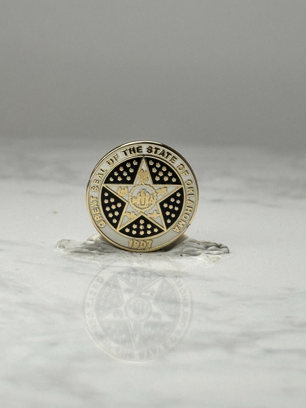 Oklahoma State Seal Lapel Pin: Gold Tone Enamel - Patriotic Accessory