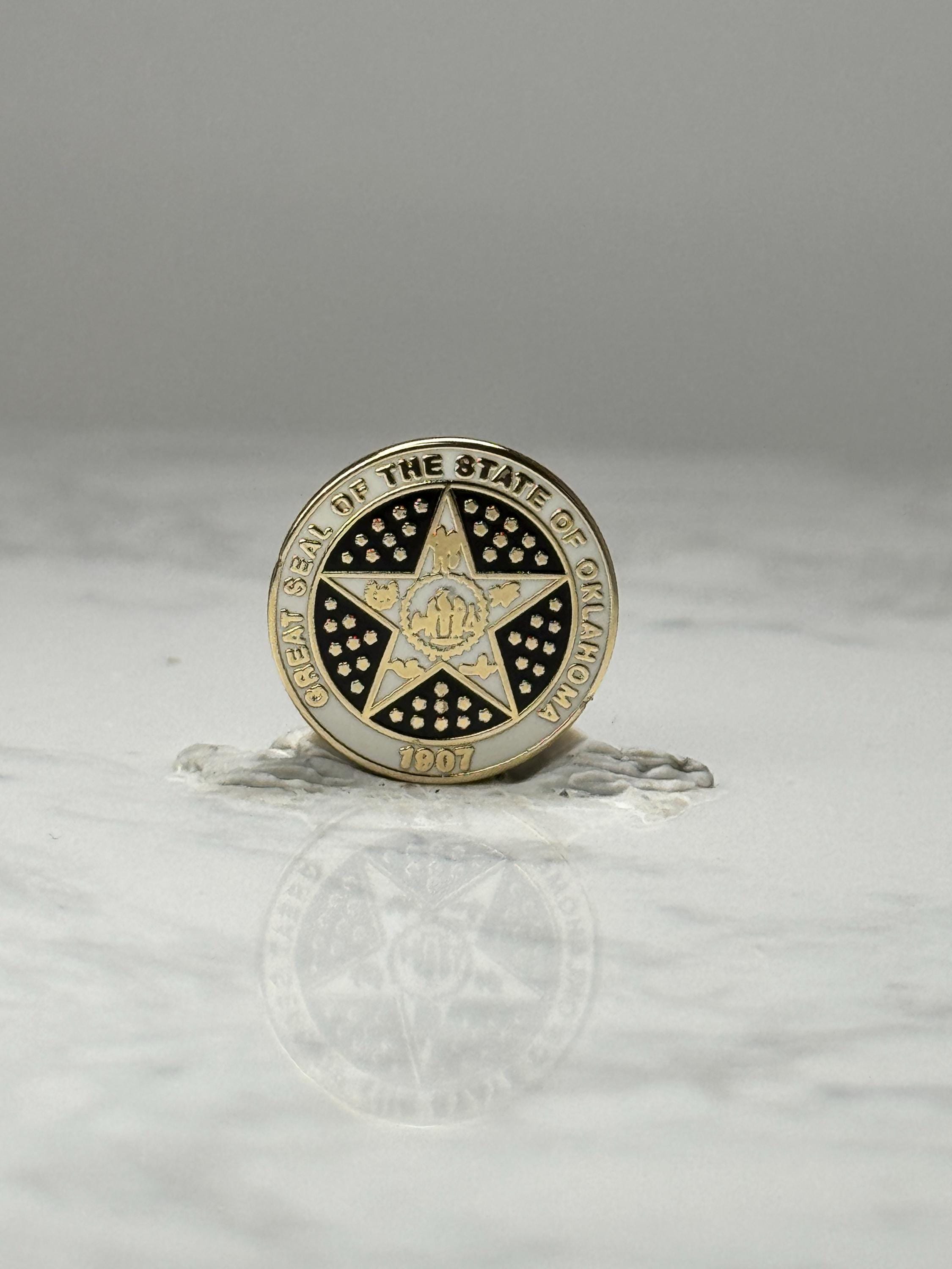 Oklahoma State Seal Lapel Pin: Gold Tone Enamel - Patriotic Accessory