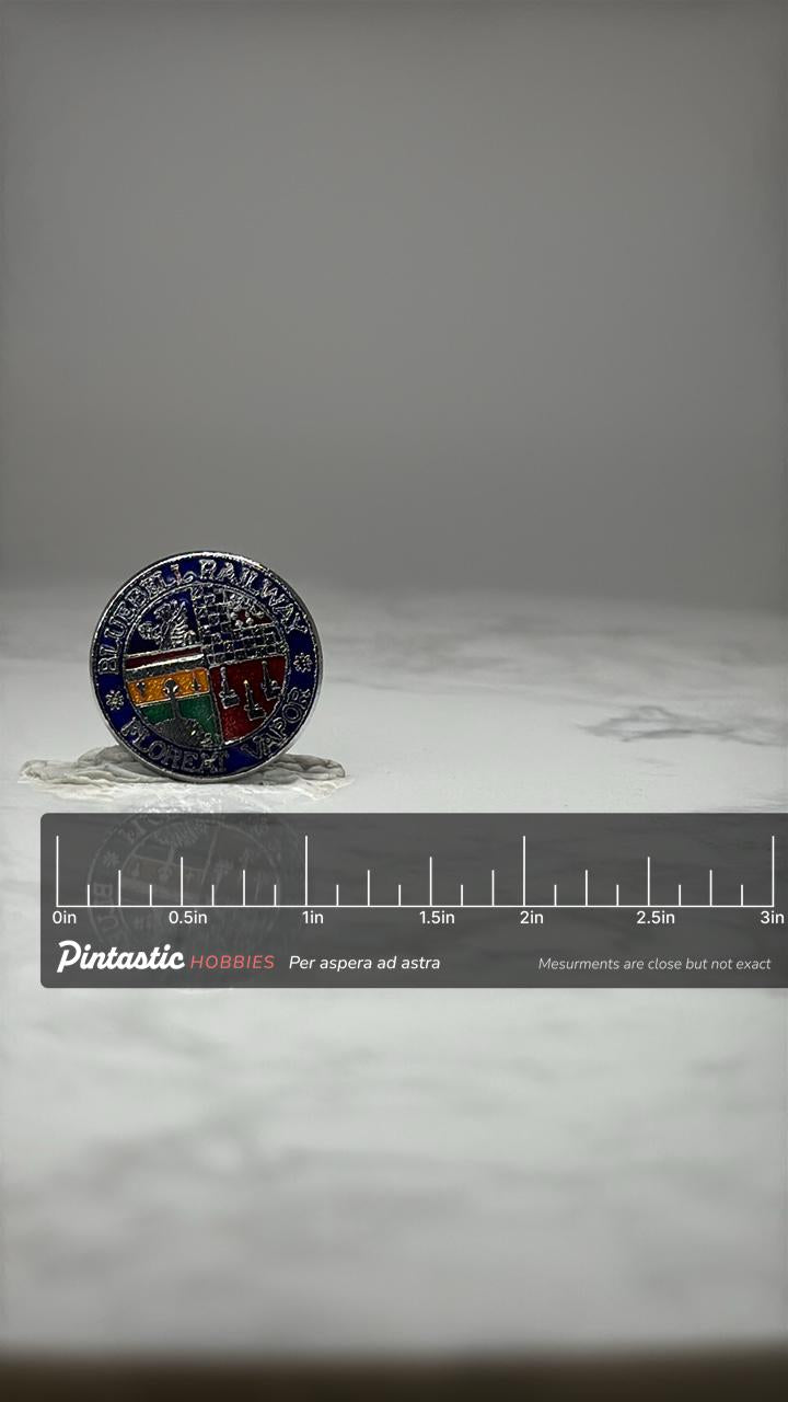 Bluebell Railway Enamel Pin: Multicolor Crest - Vintage Rail Accessory with ruler overlay for size reference