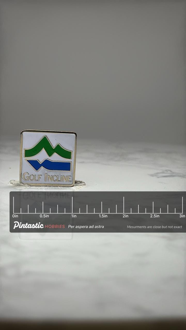 Golf Incline Logo Lapel Pin: Green Blue Enamel - Golf Accessory with ruler overlay for size reference