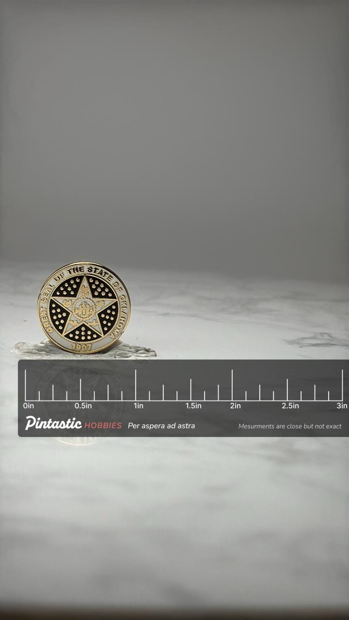 Oklahoma State Seal Lapel Pin: Gold Tone Enamel - Patriotic Accessory with ruler overlay for size reference