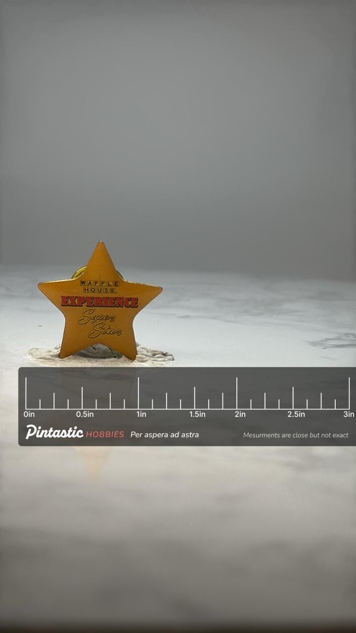 Waffle House Experience Super Star Pin: Yellow Enamel - Restaurant Promo Accessory with ruler overlay for size reference