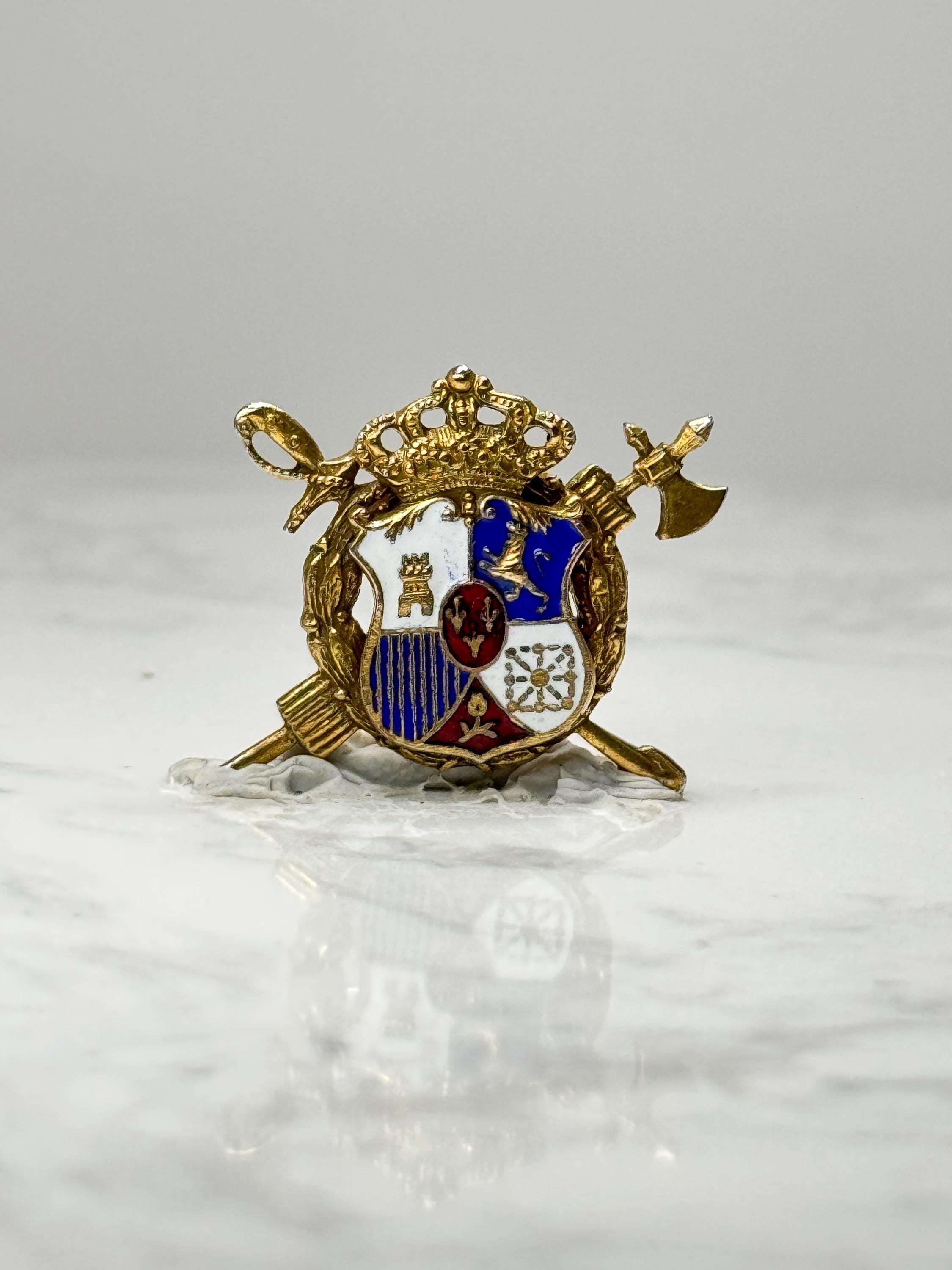 Vintage Spanish Royal Coat of Arms Crest Pin Gold Tone Crown Shield Military Style