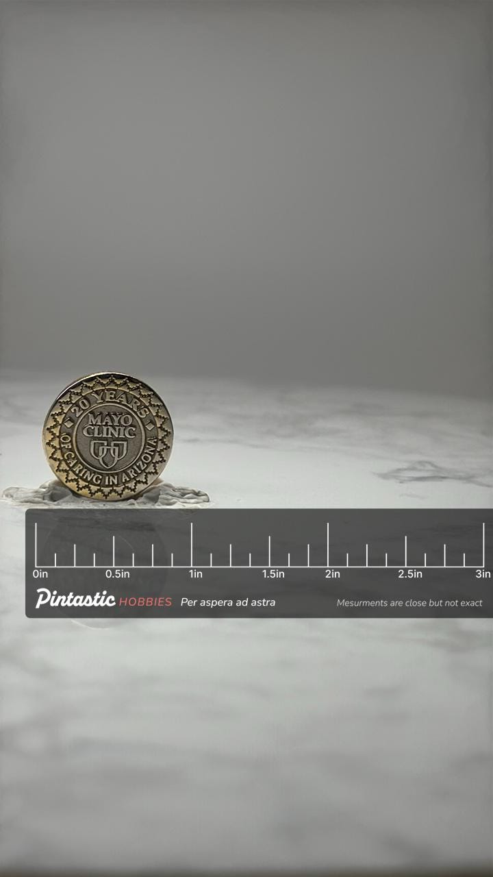 Mayo Clinic 20 Years Pin: Gold Tone Service Award - Medical with ruler overlay for size reference