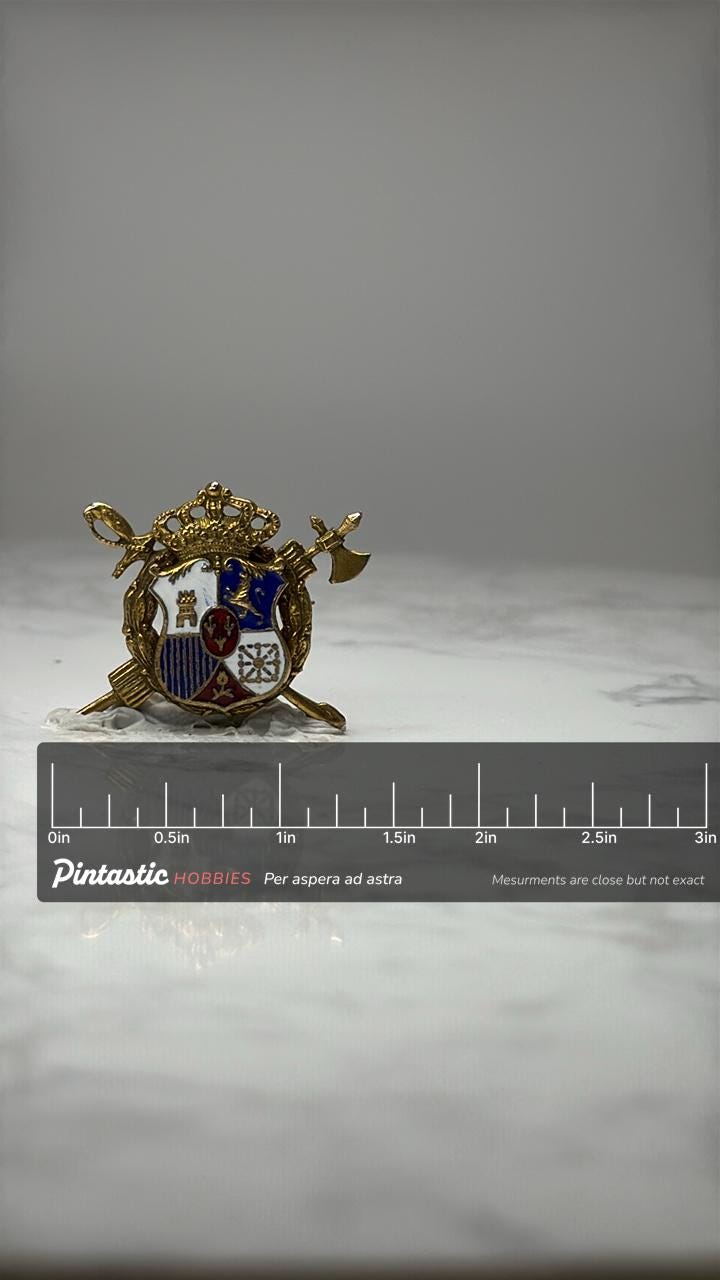 Vintage Spanish Royal Coat of Arms Crest Pin Gold Tone Crown Shield Military Style with ruler overlay for size reference
