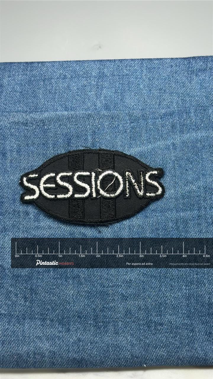 SESSIONS Patch: Black & White Logo - Skateboard Accessory with ruler overlay for size reference