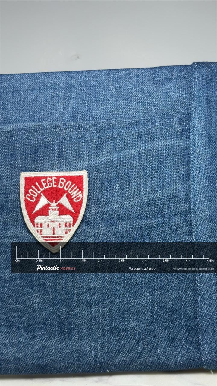Vintage College Bound Patch Red White School Achievement Academic Crest Patch with ruler overlay for size reference