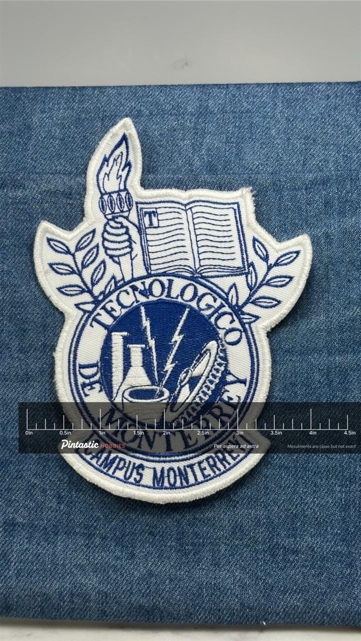 Tecnologico de Monterrey Patch: Blue & White Crest - Campus Accessory with ruler overlay for size reference