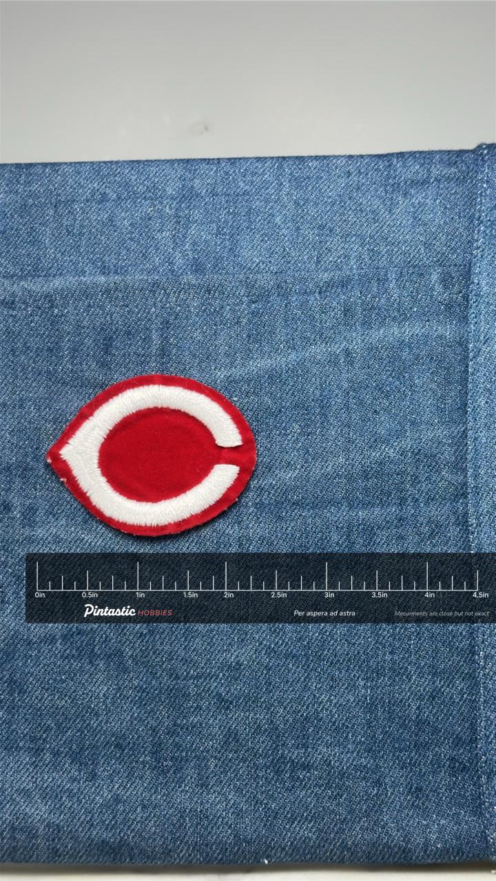 Cincinnati Reds Patch: Red & White Logo - MLB Baseball Accessory with ruler overlay for size reference