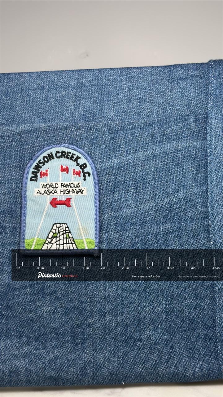 Dawson Creek BC Patch: Blue Scenic - Alaska Highway Accessory with ruler overlay for size reference