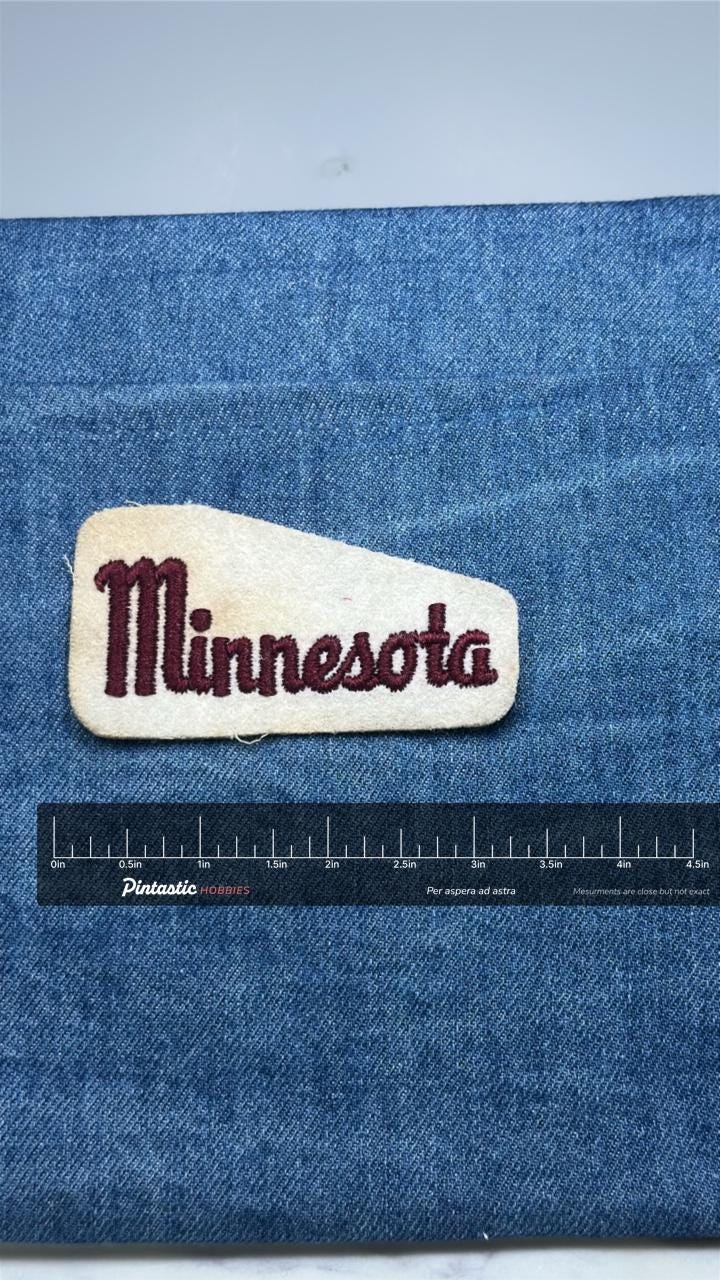 Minnesota Patch: Maroon Script on Cream - State Souvenir Accessory with ruler overlay for size reference