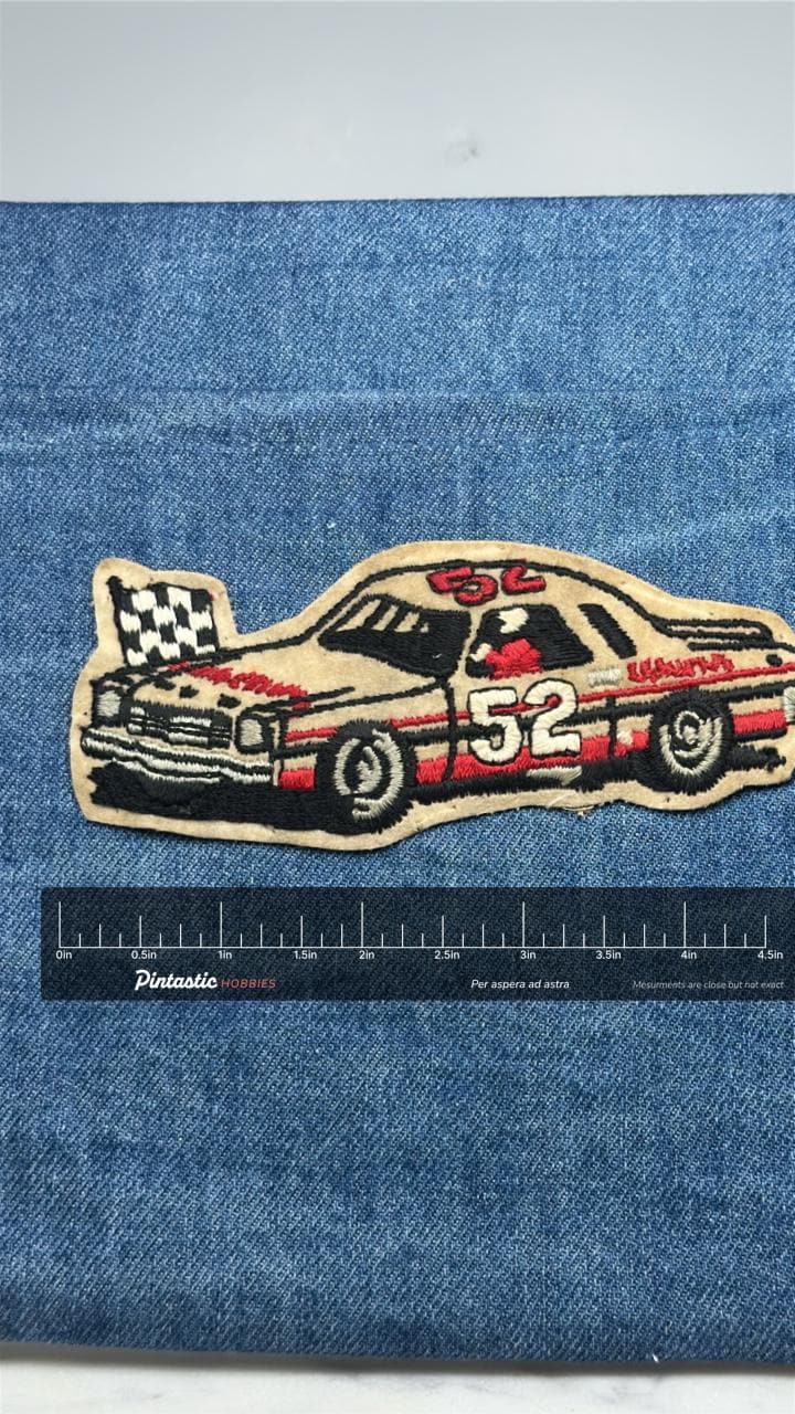 NASCAR 52 Racing Car Patch: Red Black - Vintage Motorsport Accessory with ruler overlay for size reference