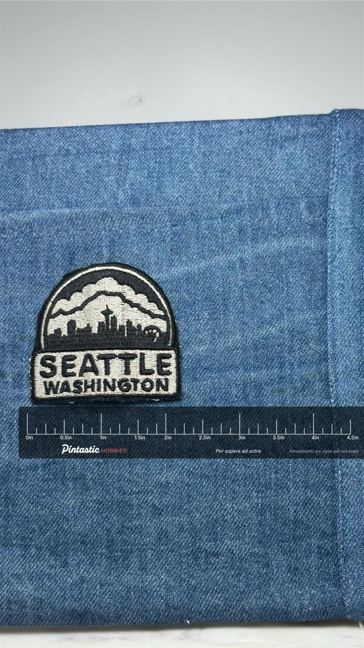 Seattle Washington Patch: Black & White Skyline - City Accessory with ruler overlay for size reference