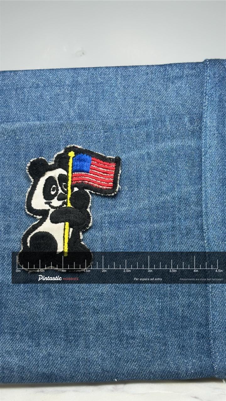 Panda with American Flag Patch: Black & White - Patriotic Accessory with ruler overlay for size reference