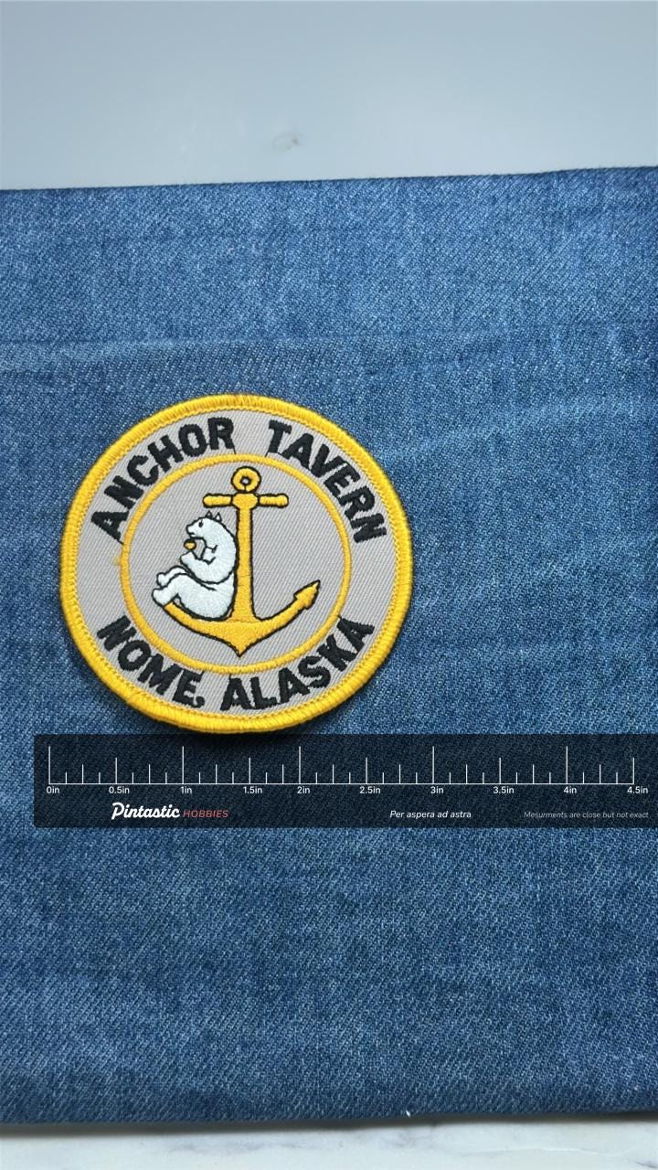 Vintage Anchor Tavern Nome Alaska Patch Polar Bear Anchor Bar Alaska Souvenir Patch with ruler overlay for size reference