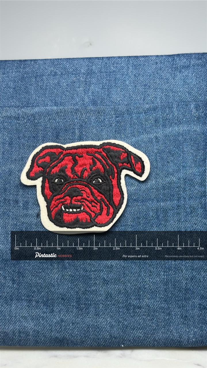Bulldog Dog Patch: Red & Black Mascot - Vintage Style Accessory with ruler overlay for size reference
