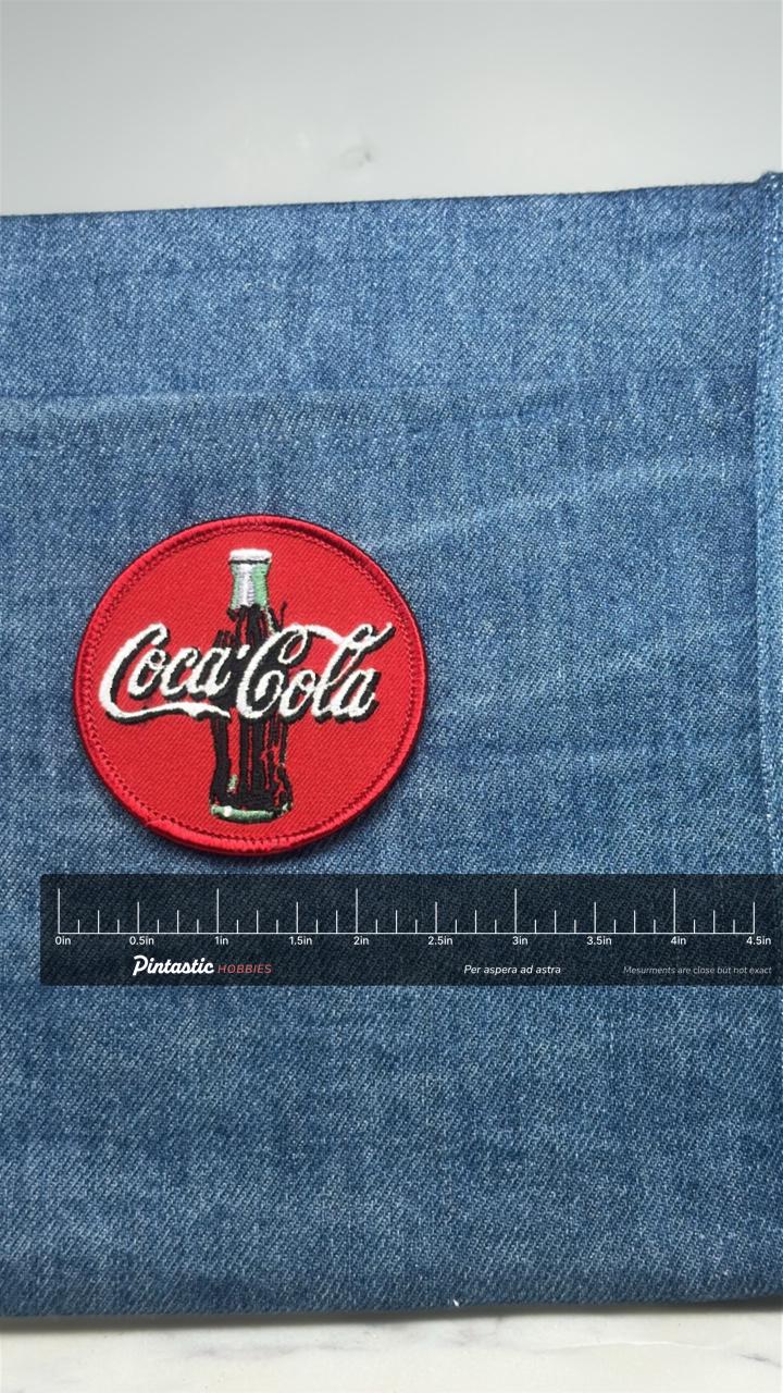 Coca Cola Patch: Red Round Logo - Soda Brand Accessory with ruler overlay for size reference
