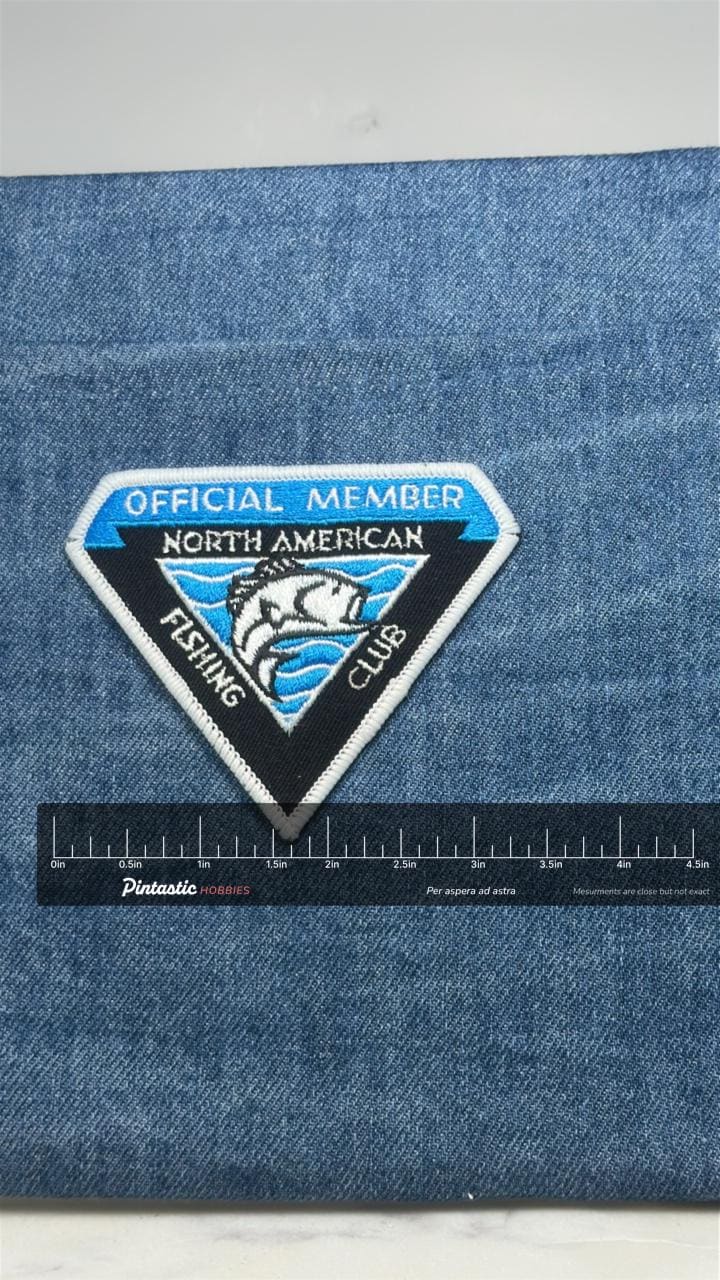 North American Fishing Club Patch: Blue Triangle - Outdoor Accessory with ruler overlay for size reference