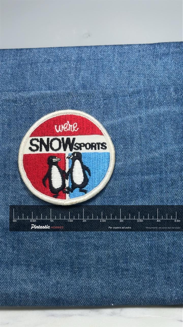 We're Snowsports Patch: Red White Blue - Vintage Ski Accessory with ruler overlay for size reference