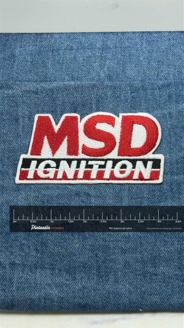 MSD Ignition Patch: Red White Black - Racing Accessory with ruler overlay for size reference