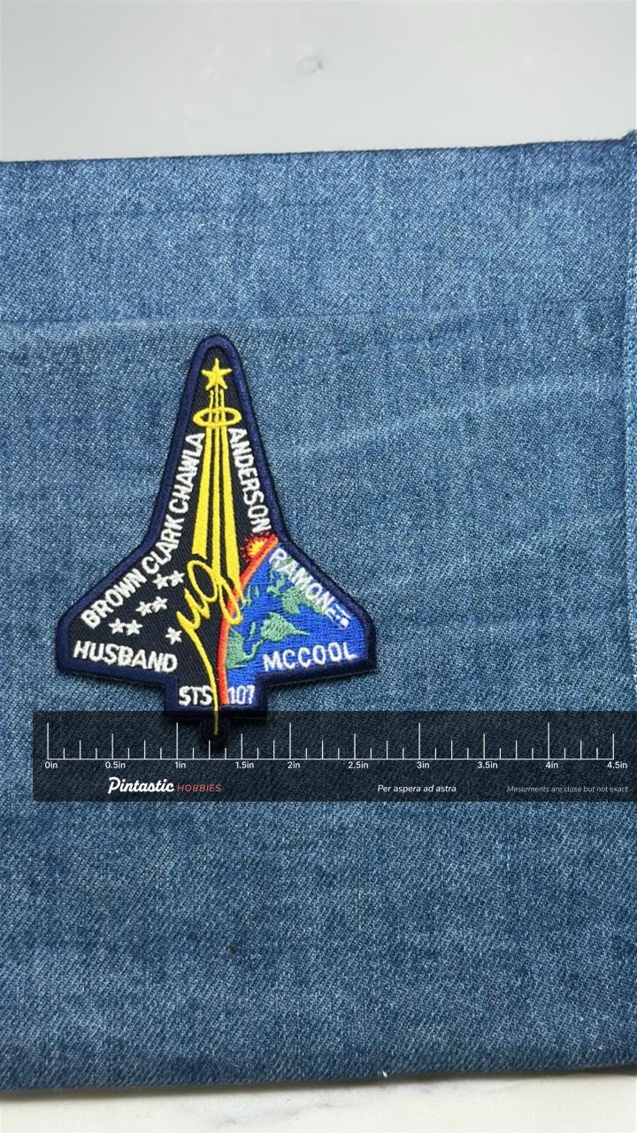 STS 107 Columbia Crew Patch: Navy Space Shuttle - NASA Mission Accessory with ruler overlay for size reference