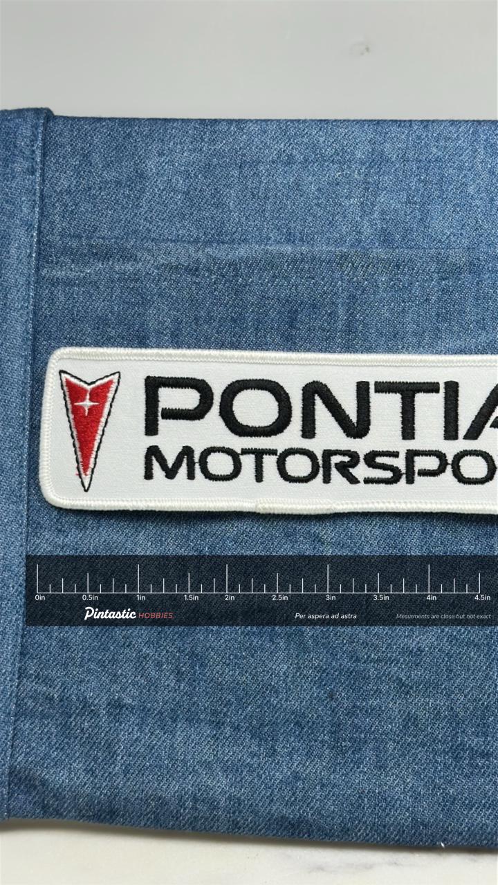 Pontiac Motorsports Patch: Red White Logo - Racing Accessory with ruler overlay for size reference