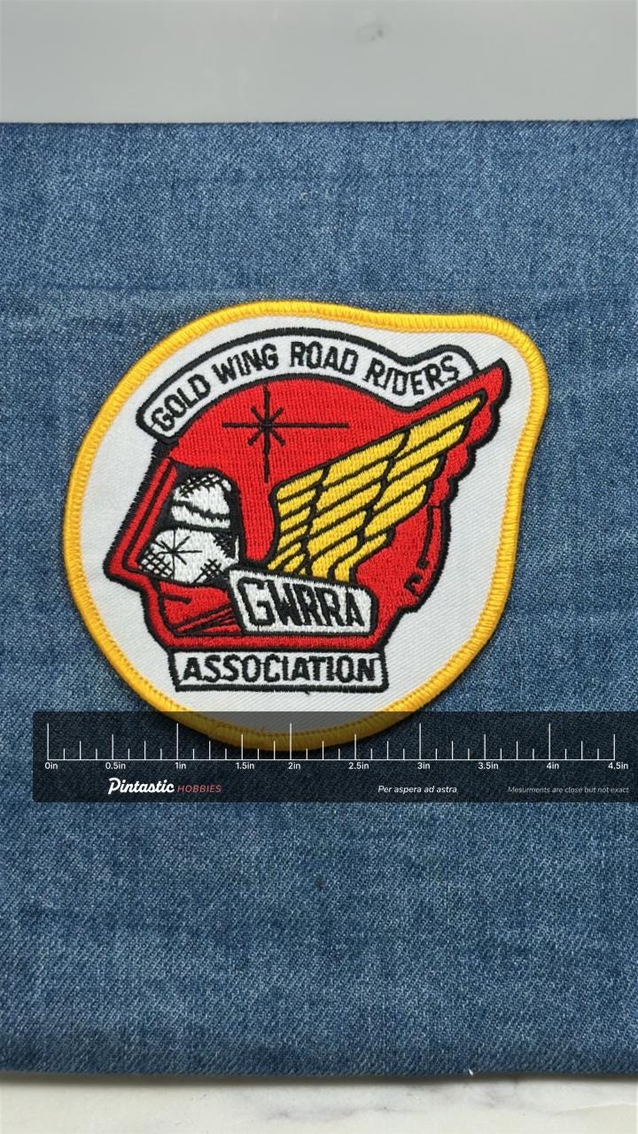 Gold Wing Road Riders Patch: Red & Gold - Biker Club Accessory with ruler overlay for size reference