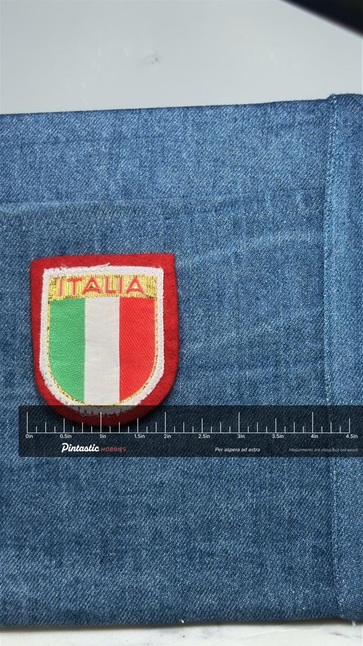 Italy Shield Patch: Gold Trim Felt - Vintage Travel Accessory with ruler overlay for size reference