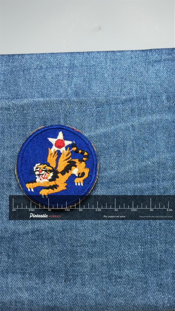 Vintage WWII US 14th Air Force Flying Tiger Embroidered Military Patch with ruler overlay for size reference