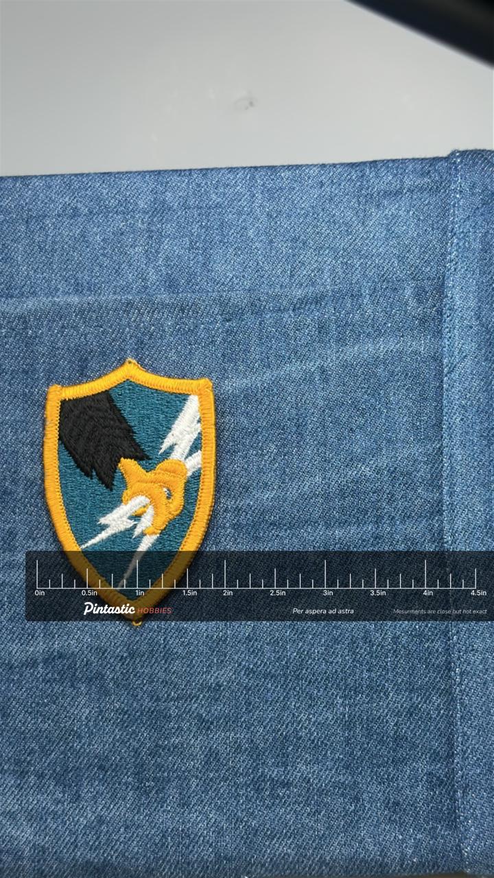 Vintage US Army Security Agency ASA Military Intelligence Embroidered Patch with ruler overlay for size reference