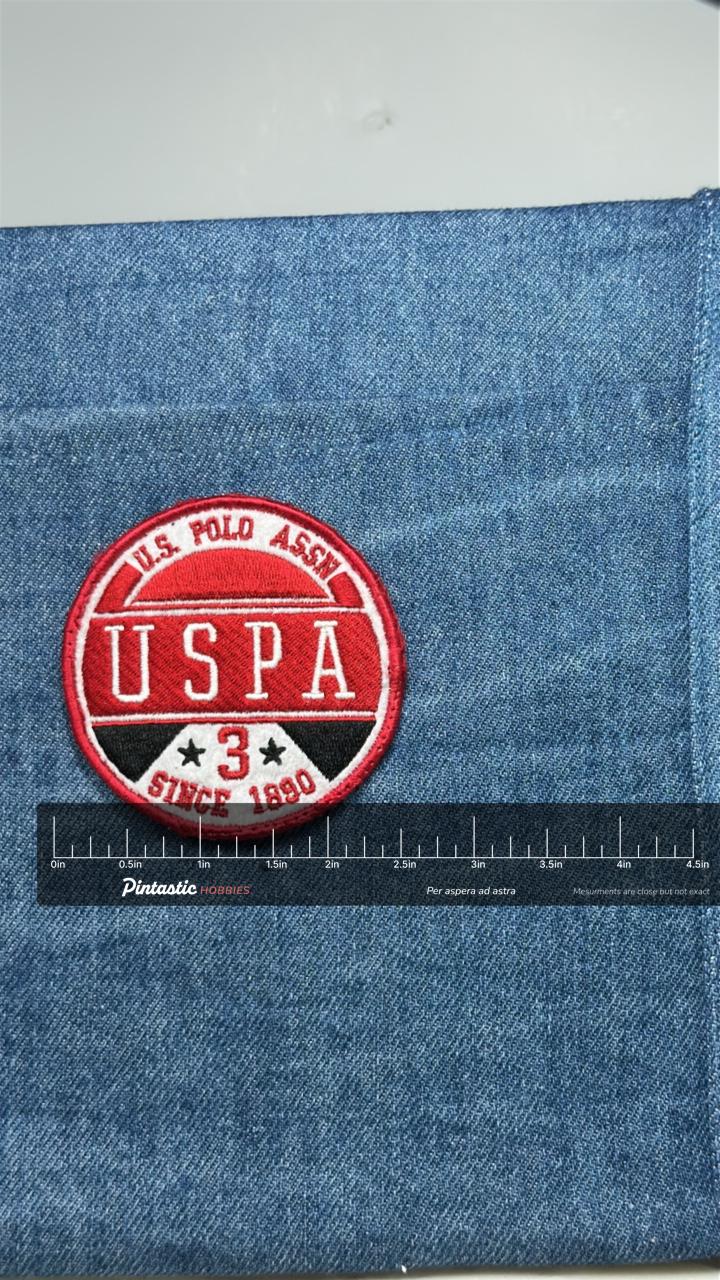 U.S. Polo Assn Patch: Red White Round - Equestrian Logo Accessory with ruler overlay for size reference
