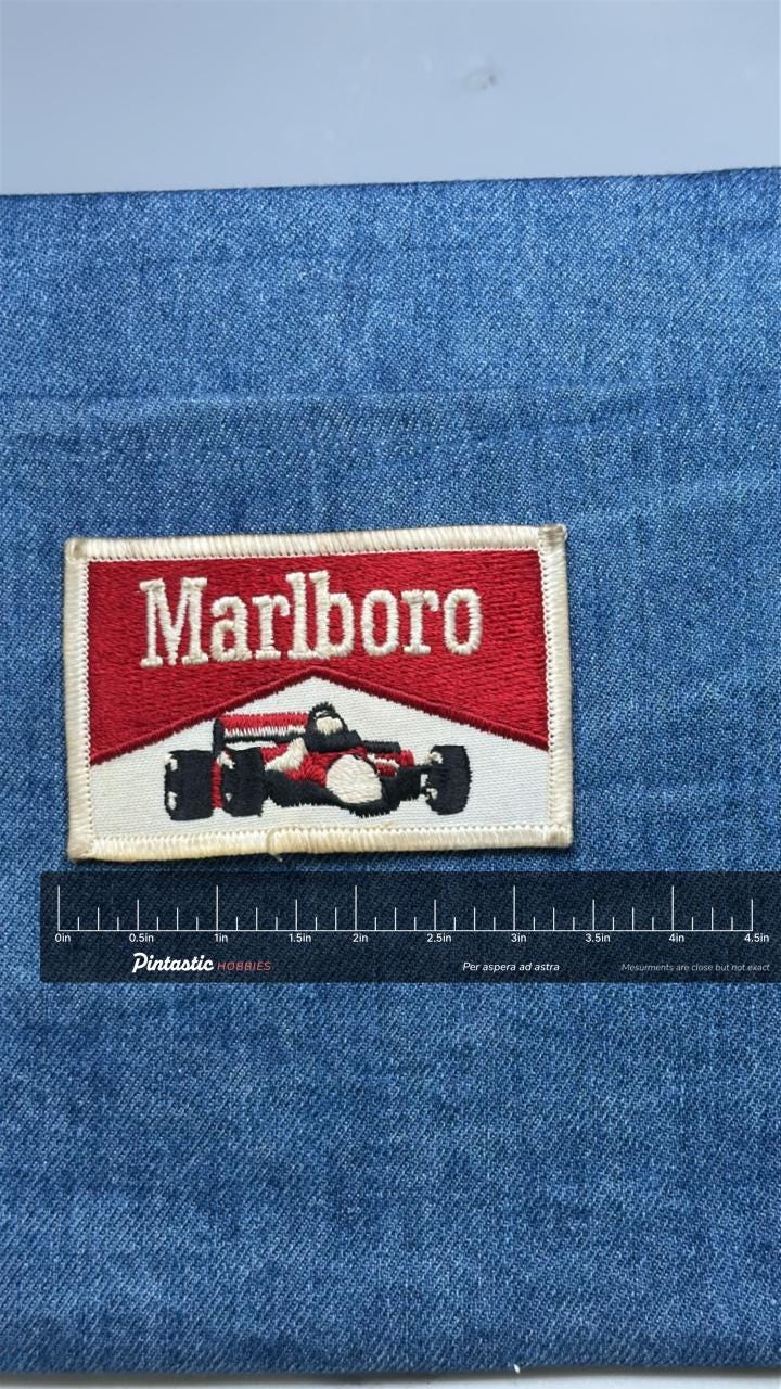 Vintage Marlboro Racing Patch: Red & White - Vintage Motorsport Accessory with ruler overlay for size reference