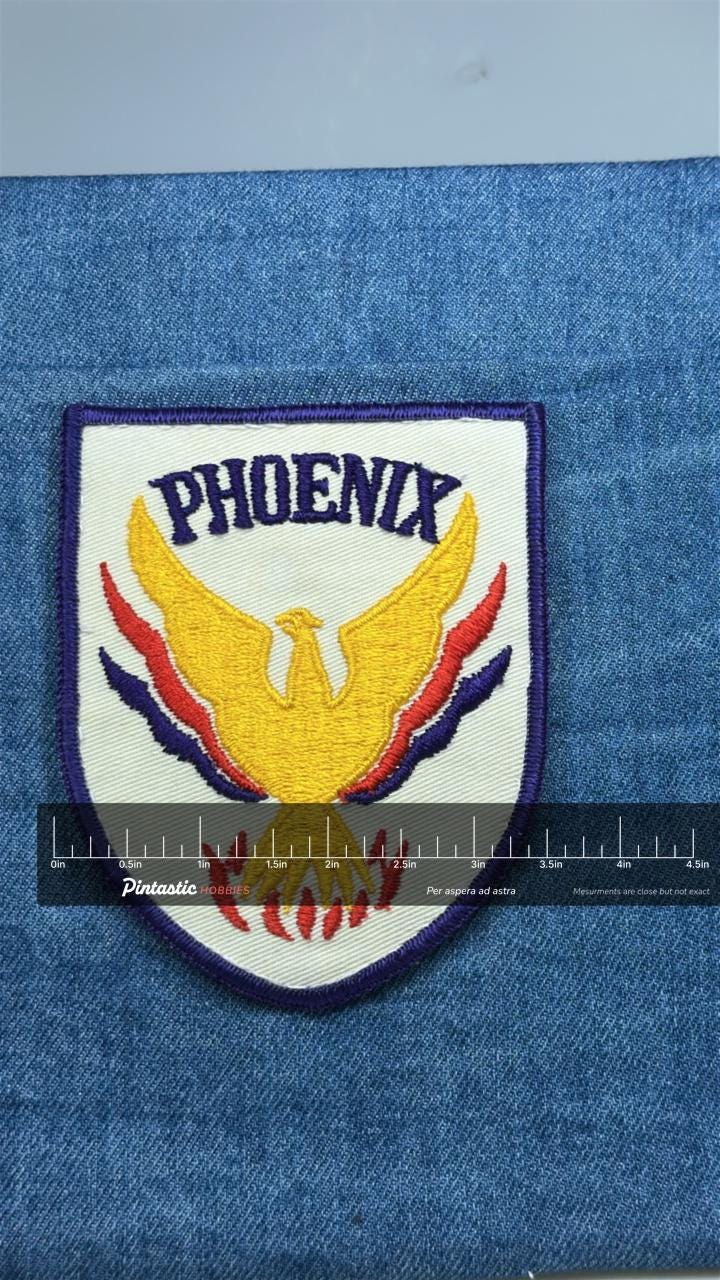 Phoenix Bird Patch: Gold & Purple Shield - Vintage Mythic Accessory with ruler overlay for size reference
