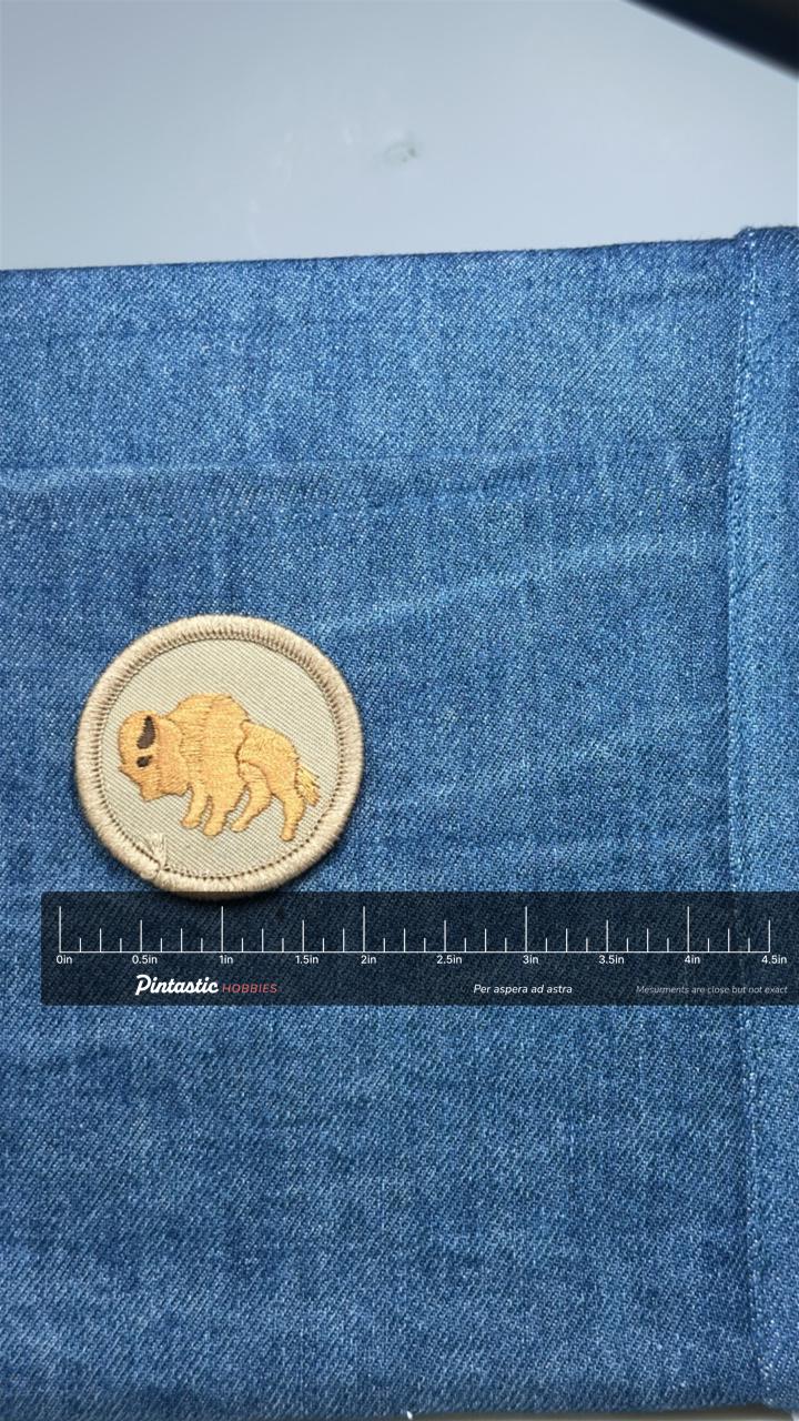 Bison Buffalo Patch: Tan Round - Scouting Nature Accessory with ruler overlay for size reference