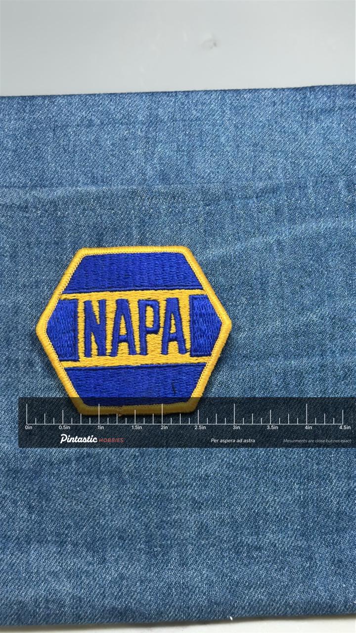 NAPA Logo Patch: Blue & Yellow Hex - Vintage Auto Accessory with ruler overlay for size reference