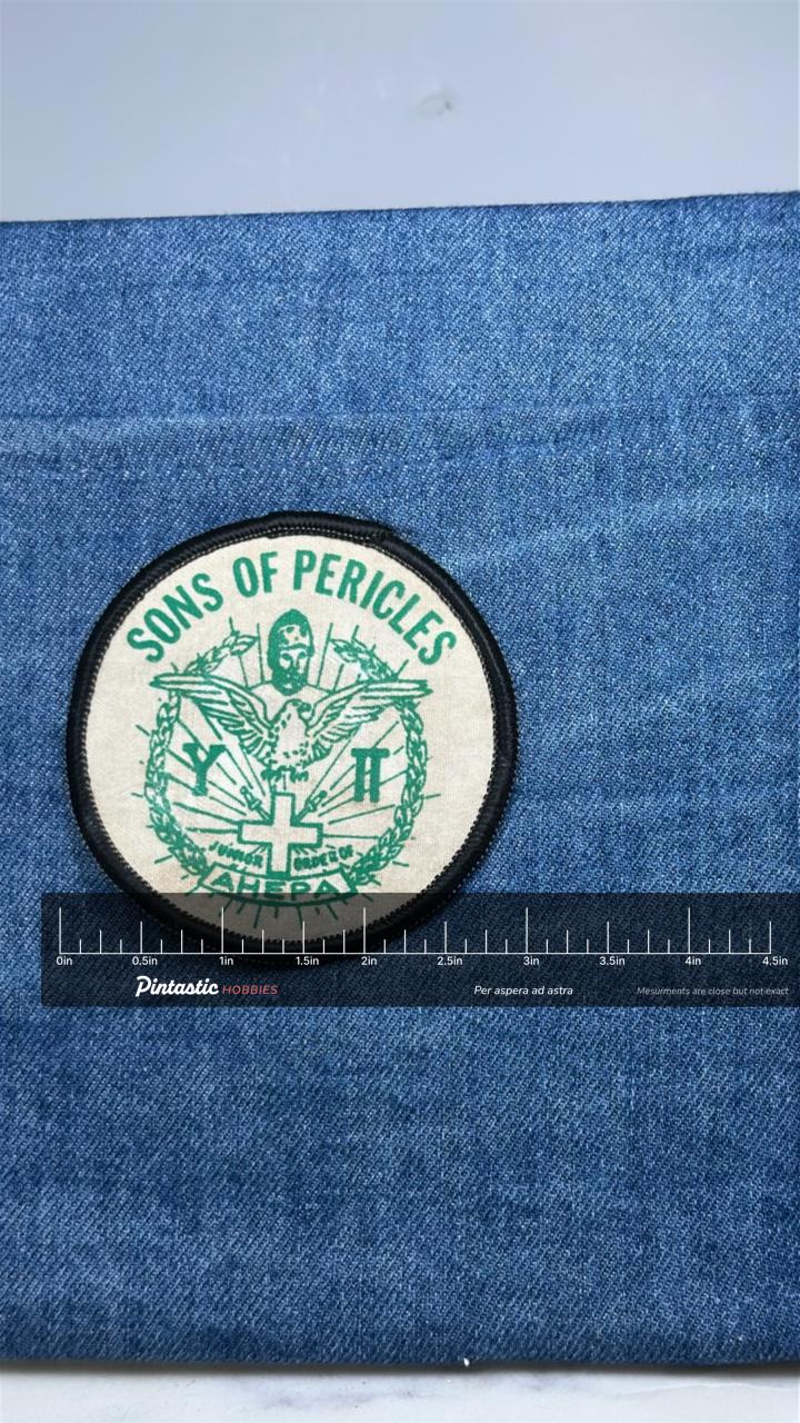 Vintage Sons of Pericles AHEPA Embroidered Patch Greek Fraternal Organization with ruler overlay for size reference