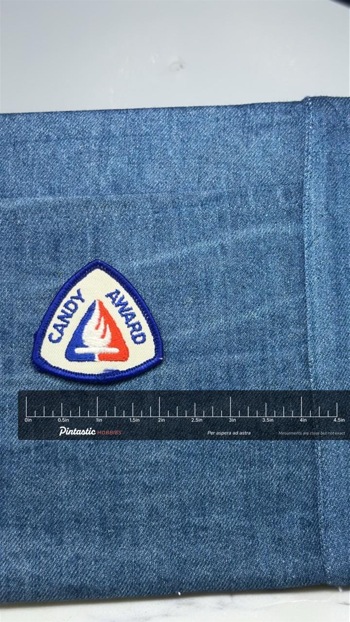 Vintage Camp Fire Girls Candy Award Embroidered Patch Blue Red White with ruler overlay for size reference