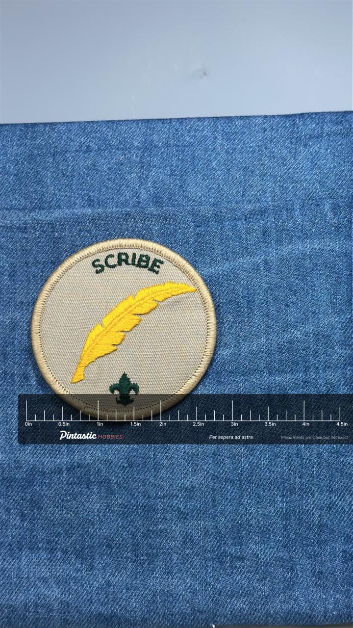 Scribe Patch: Tan & Green Quill - Scouting Accessory with ruler overlay for size reference