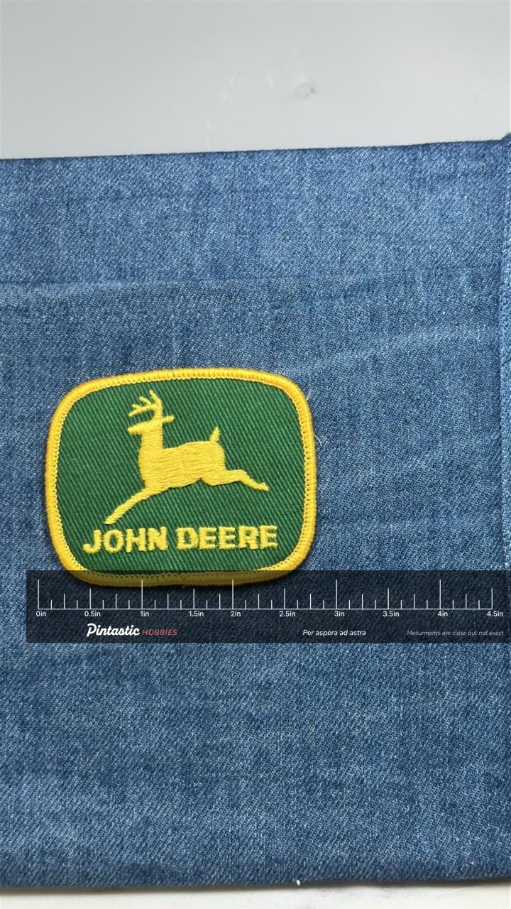 John Deere Logo Patch: Green & Yellow - Farm Equipment Accessory with ruler overlay for size reference