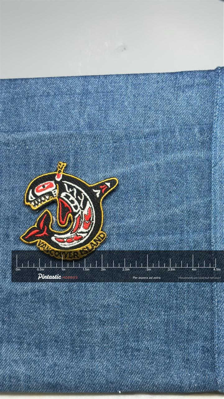 Vancouver Island Whale Patch: Black Formline - PNW Souvenir with ruler overlay for size reference