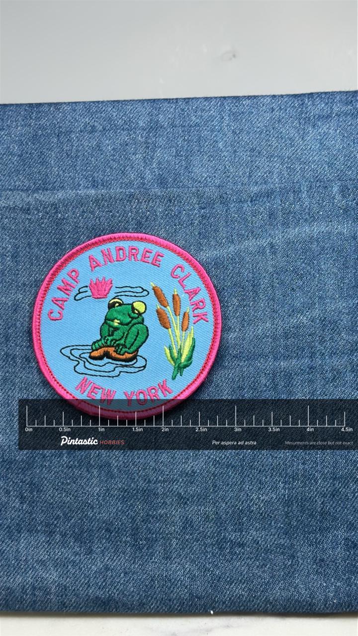 Camp Andree Clark Patch: Pink Border - NY Nature Accessory with ruler overlay for size reference