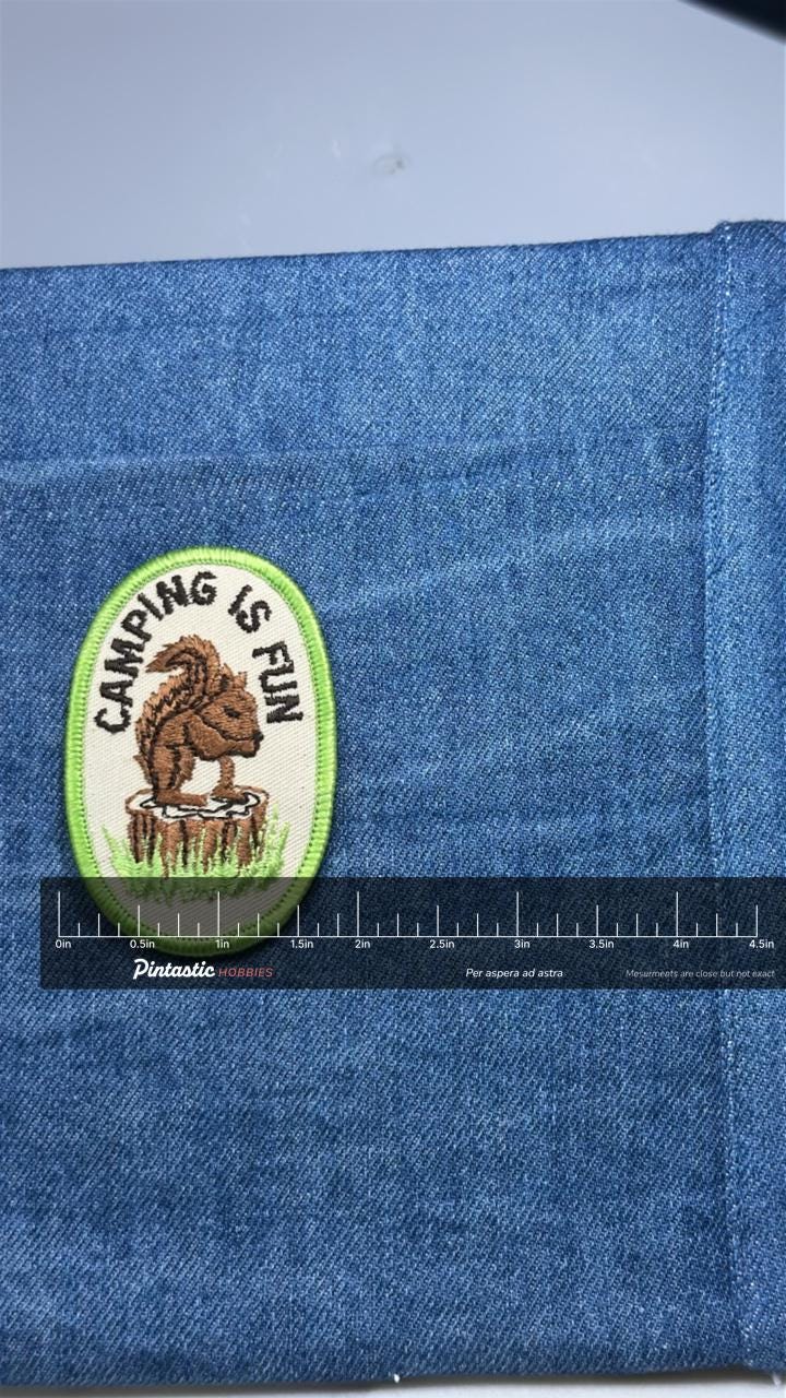 Camping Is Fun Patch: Green Border Oval - Outdoor Accessory with ruler overlay for size reference