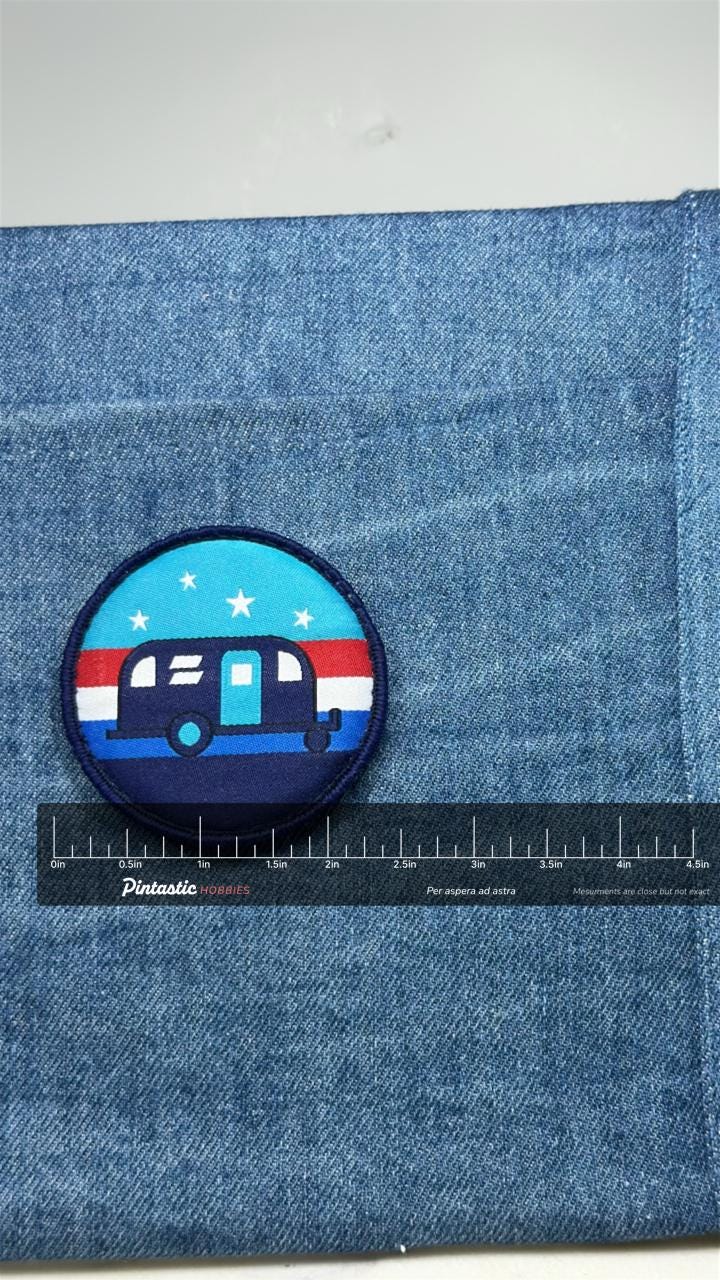 Camper Trailer Patch: Red White Blue Round - RV Camping Accessory with ruler overlay for size reference