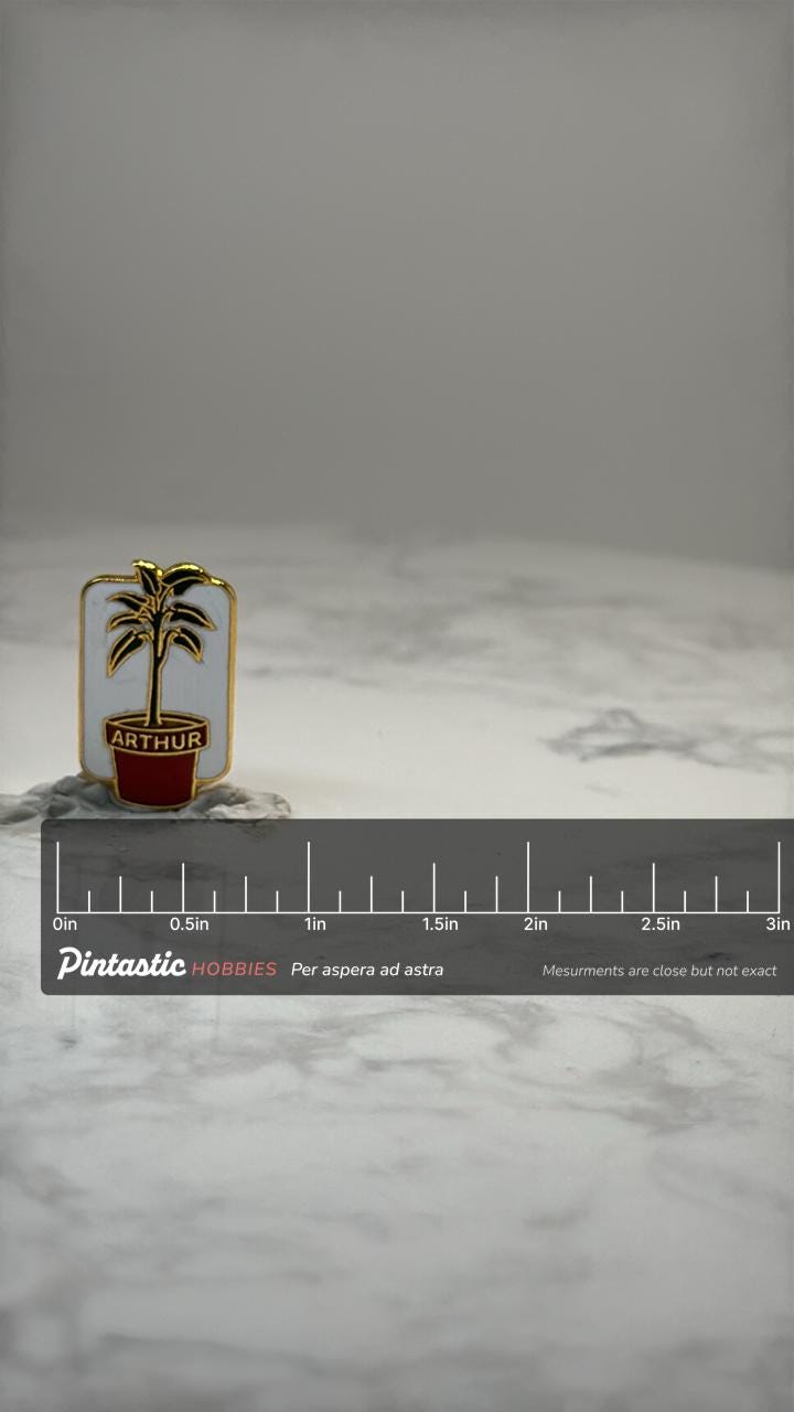 Arthur Plant Name Pin: Gold Tone Enamel - Novelty Accessory with ruler overlay for size reference