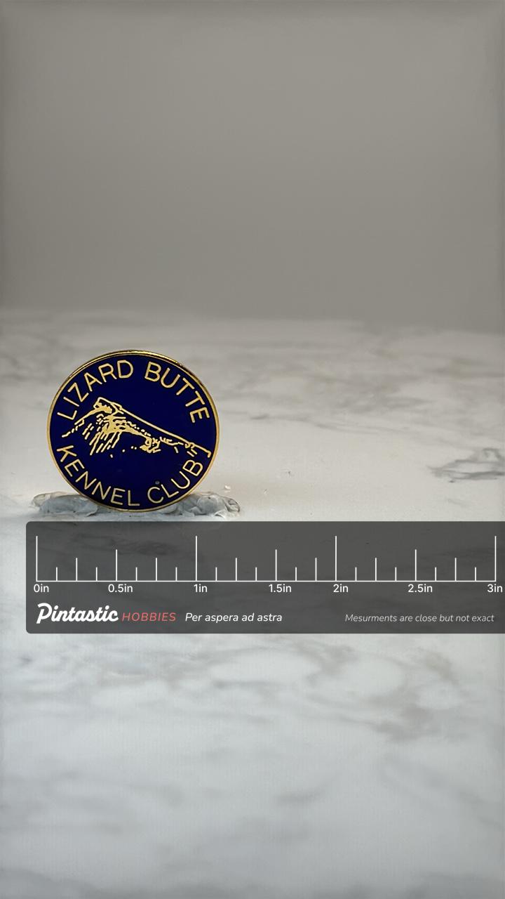Lizard Butte Kennel Club Pin: Blue & Gold Enamel - Dog Show Accessory with ruler overlay for size reference