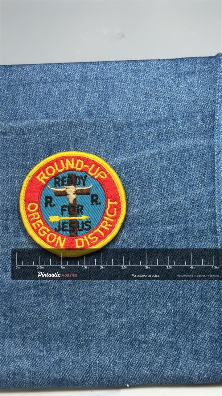 Vintage Round-Up Oregon District Ready For Jesus Scout Patch Christian with ruler overlay for size reference