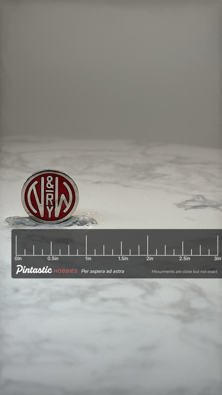 Norfolk & Western Railway Pin: Red Enamel Logo - Railroad Accessory with ruler overlay for size reference