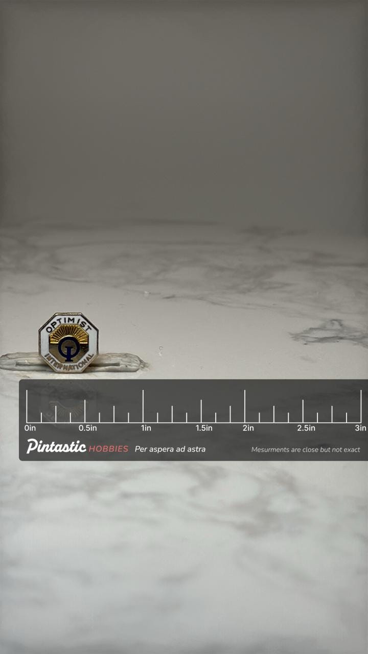 Optimist International Enamel Pin: Gold & White Octagon - Service Club Accessory with ruler overlay for size reference